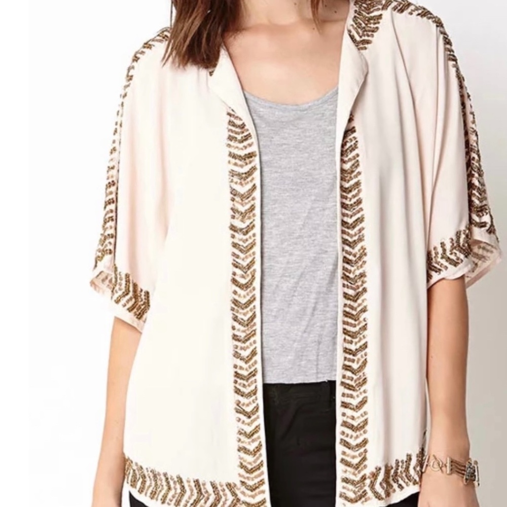 F21 Art Deco Chevron Tribal Aztec Embellished Lightweight Cropped Kimono Jacket